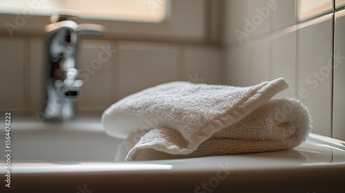 Soft clean towels are neatly folded on a bathroom sink