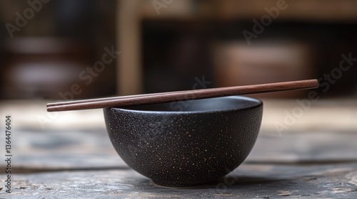 A black ceramic bowl with chopsticks resting on top