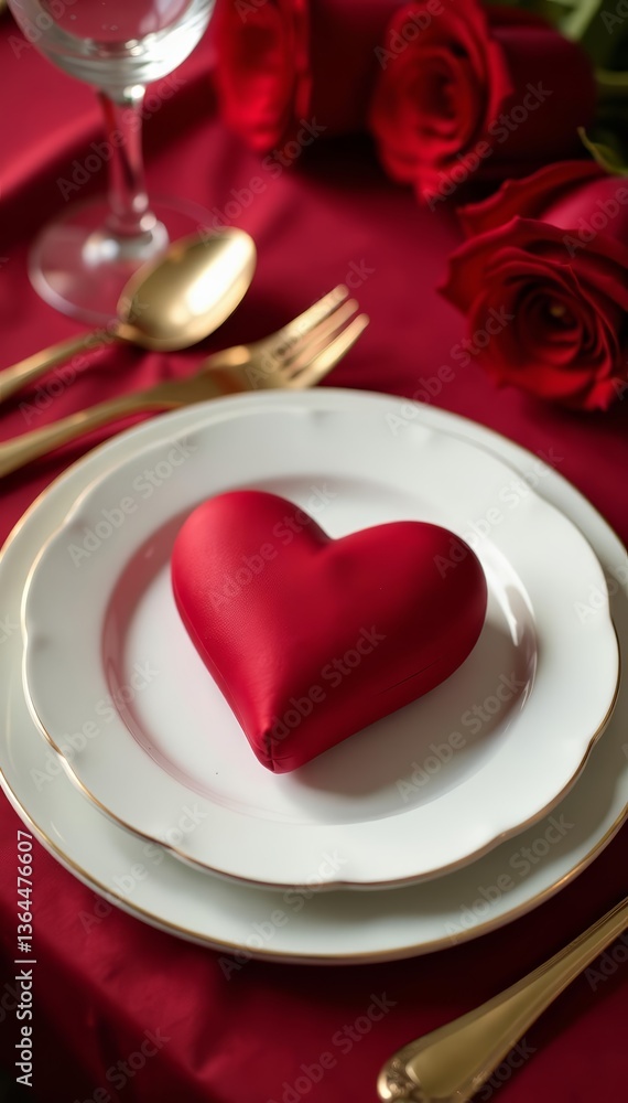 Elegant red heart on white plate with gold silverware, romantic dinner setting, cutlery, setting Elegant red heart on white plate with gold silverware, romantic dinner setting, cutlery, setting
