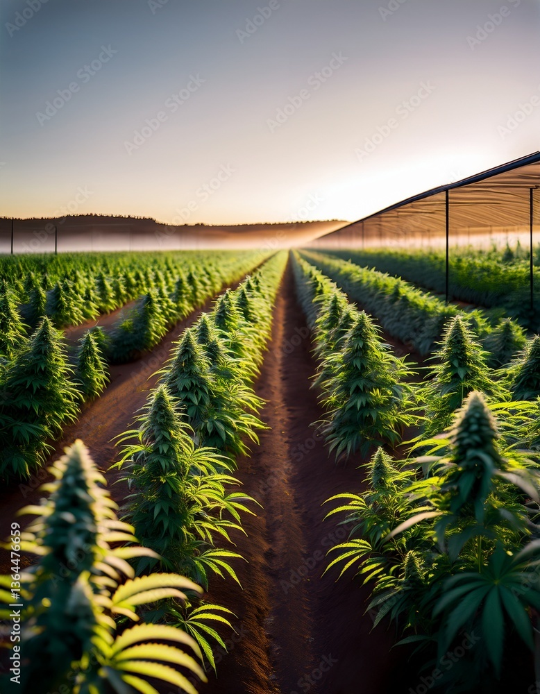 Fototapeta premium A vast cannabis farm with rows of lush, vibrant green cannabis plants stretching into the distance under the warm glow of the sun. 