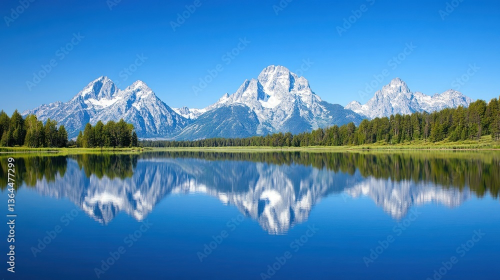 Naklejka premium Majestic Teton Range Reflected in Still Waters Under a Clear Blue Sky