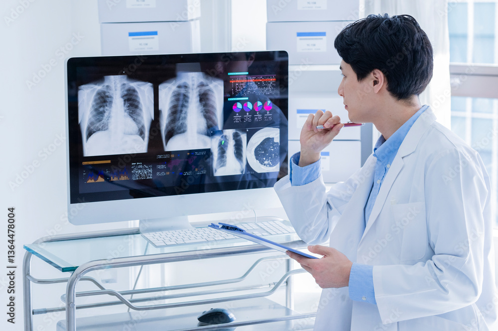A young male doctor in a white lab coat is deeply focused while reviewing a patient's chest X-ray and analytical graphs displayed on a computer monitor. He is holding a blue clipboard and a pen, worki