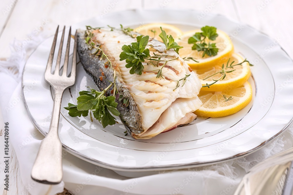 Grilled stripped bass with lemon slices and herbs Grilled stripped bass with lemon slices and herbs