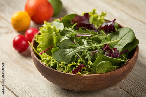Fresh spring mix salad leaves in wooden bowl with spinach, arugula and lettuce