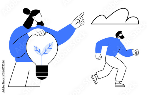 Wallpaper Mural Man running toward opportunities, woman holding a lightbulb with a growing plant, cloud symbol above. Ideal for teamwork, creativity, growth, innovation, sustainability vision leadership. Flat Torontodigital.ca