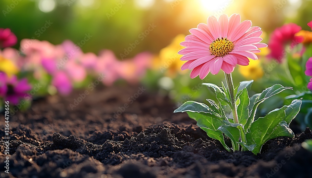 A Single Pink Flower Blooming in a Sunny Garden Scene A Single Pink Flower Blooming in a Sunny Garden Scene