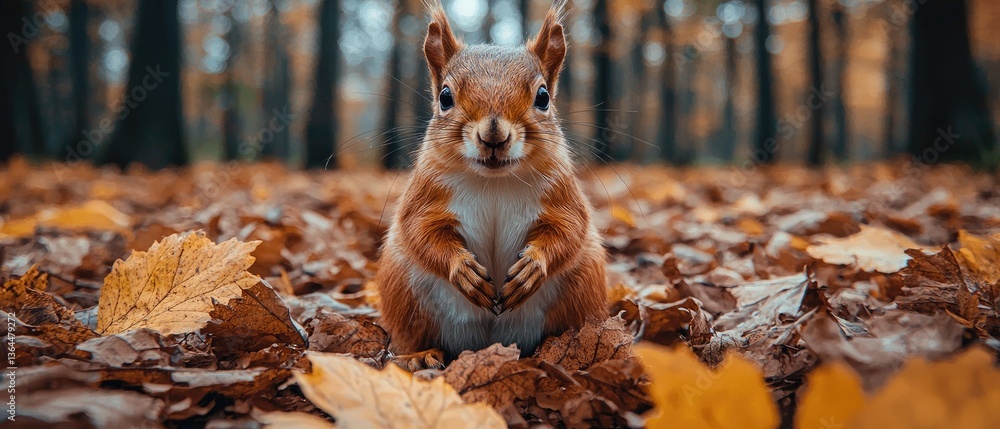 Fototapeta premium A fluffy red squirrel sits amidst a bed of autumn leaves in a forest