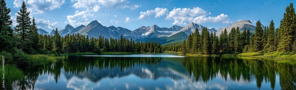 Scenic Lake Reflection of Mountains and Evergreen Forest Landscape Scenic Lake Reflection of Mountains and Evergreen Forest Landscape