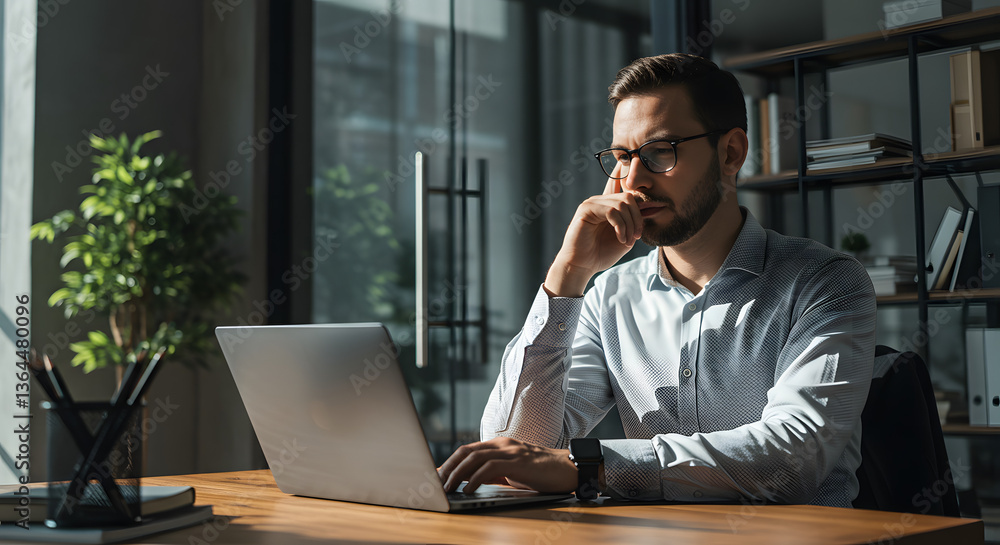 Thoughtful Man Working on Laptop in Modern Office Thoughtful Man Working on Laptop in Modern Office