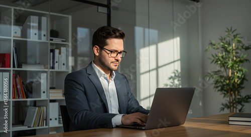 Businessman Working on Laptop in Modern Office