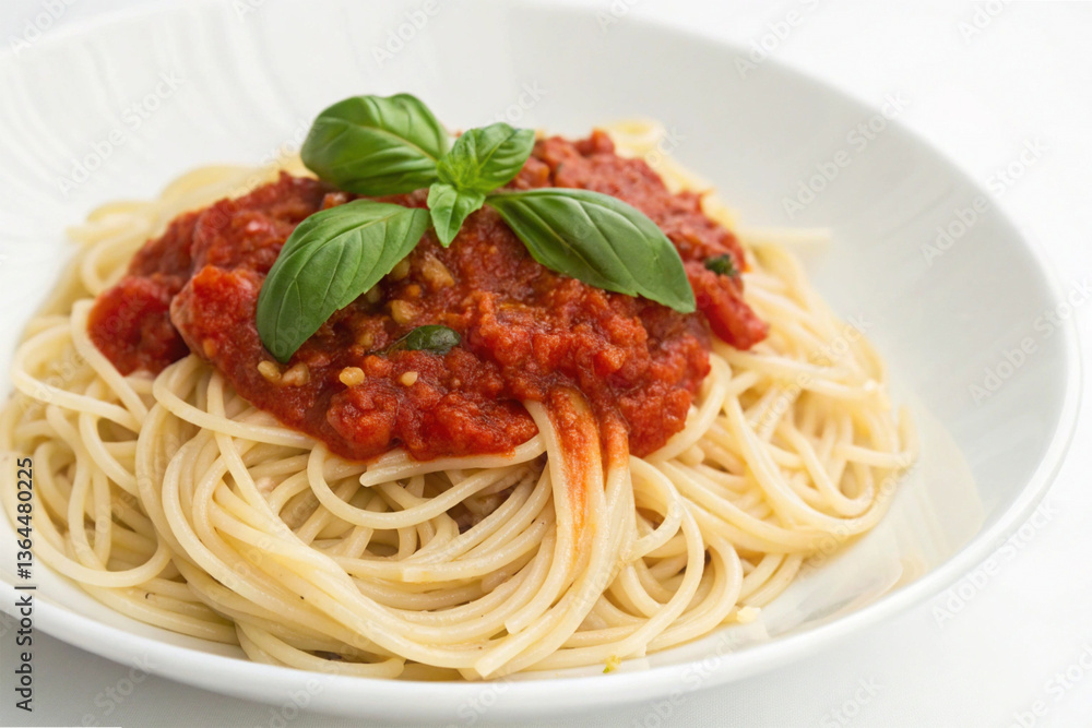 A plate of al dente spaghetti topped with rich, red tomato sauce and garnished with fresh basil, served on a white background for a clean presentation A plate of al dente spaghetti topped with rich, red tomato sauce and garnished with fresh basil, served on a white background for a clean presentation