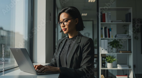 Professional Woman Working on Laptop in Modern Office