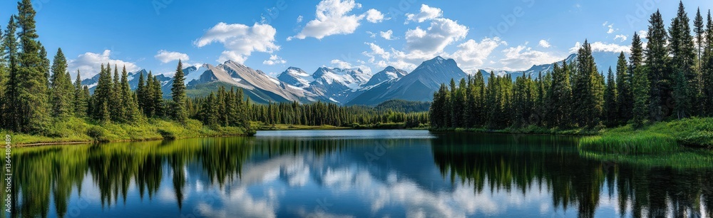Scenic Alpine Lake Reflection: Majestic Mountains and Lush Green Trees Scenic Alpine Lake Reflection: Majestic Mountains and Lush Green Trees