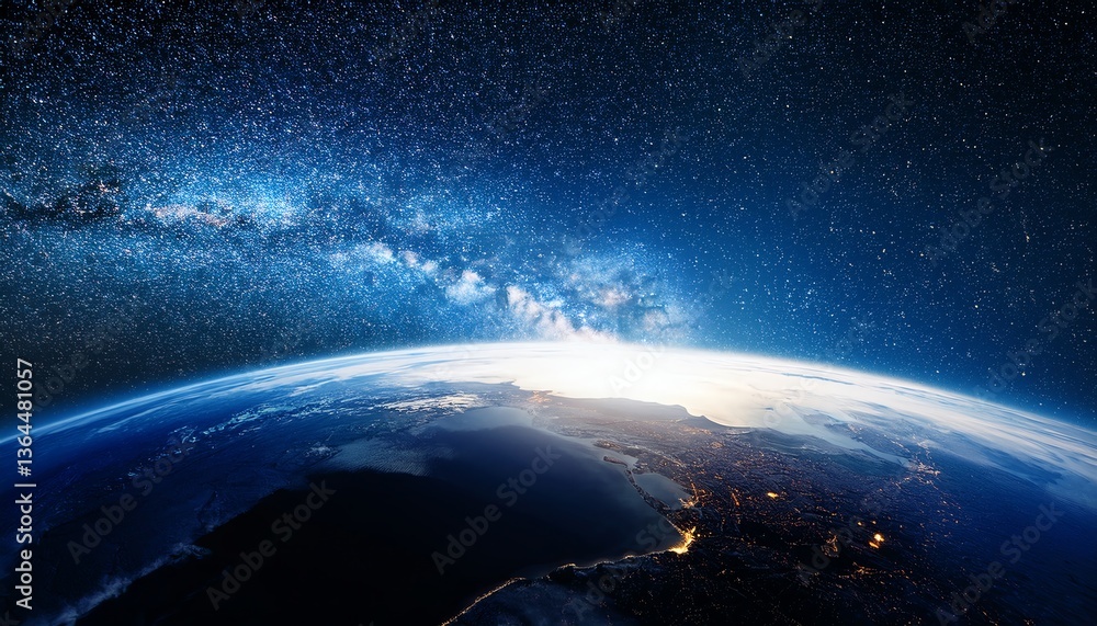 Fototapeta premium A stunning view of Earth from space, showcasing the planet's curvature, atmospheric glow, and a backdrop of countless stars in the universe.