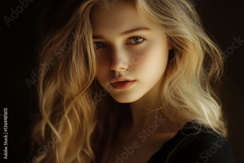 Elegant Portrait of a Young Woman with Wavy Blonde Hair in Dramatic Lighting