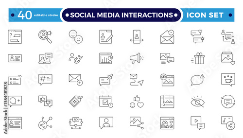 Social media Interactions, Communication, speaking and talking outline icon set. People interacting, speech bubbles, social interactions, and collaboration. Editable stroke outline icon.