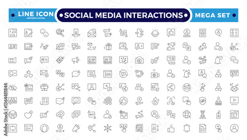 Social media Interactions, Communication, speaking and talking outline icon set. People interacting, speech bubbles, social interactions, and collaboration. Editable stroke outline icon.