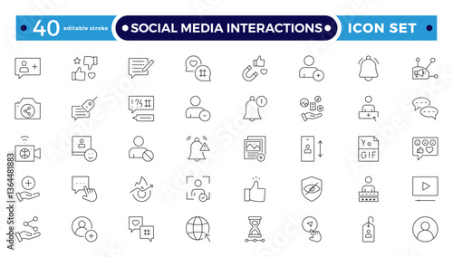 Social media Interactions, Communication, speaking and talking outline icon set. People interacting, speech bubbles, social interactions, and collaboration. Editable stroke outline icon.