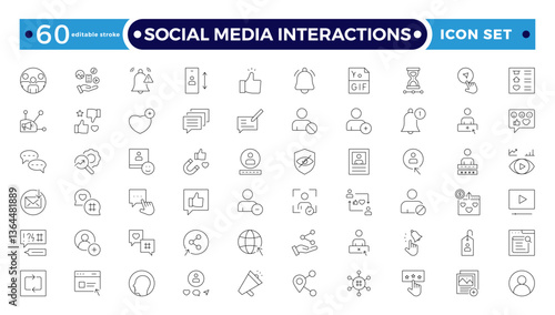 Social media Interactions, Communication, speaking and talking outline icon set. People interacting, speech bubbles, social interactions, and collaboration. Editable stroke outline icon.