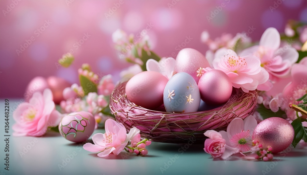A colorful arrangement of Easter eggs nestled in a woven nest surrounded by delicate pink flowers, creating a festive spring atmosphere. A colorful arrangement of Easter eggs nestled in a woven nest surrounded by delicate pink flowers, creating a festive spring atmosphere.