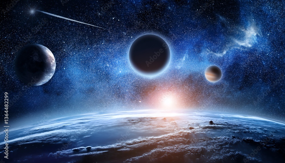 Fototapeta premium A stunning cosmic scene showcasing planets, a starry sky, and Earth's atmosphere, evoking a sense of wonder about the universe.