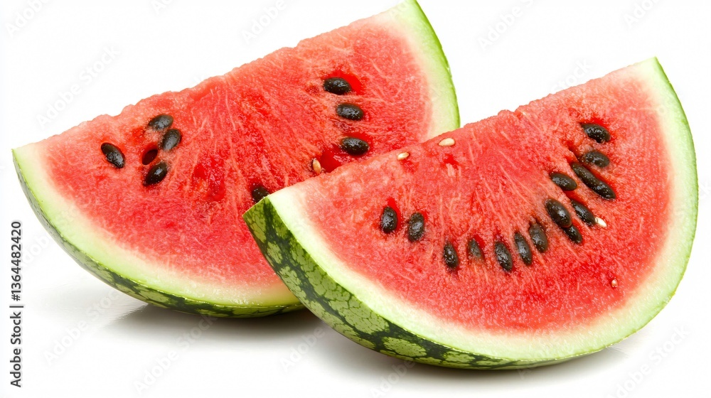 Sliced watermelon Two vibrant, juicy wedges with black seeds and green rind Sliced watermelon Two vibrant, juicy wedges with black seeds and green rind