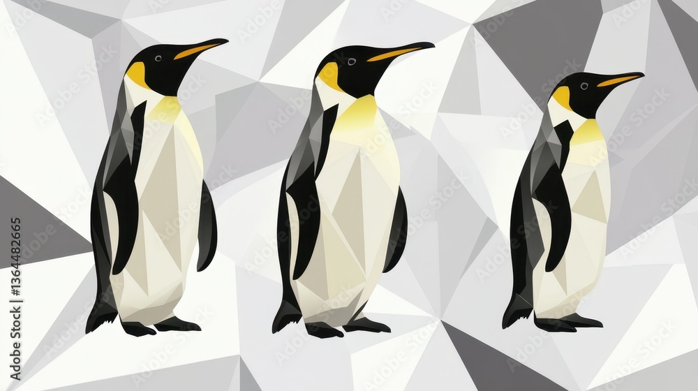 Fototapeta premium Three Emperor Penguins with Geometric, Arctic, and Wildlife.