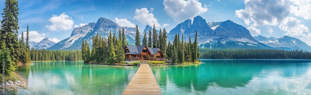 Fototapeta premium Idyllic Island Retreat: Tranquil Emerald Lake and Mountain Panorama View