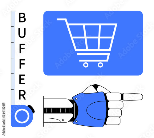 Robotic hand pointing at a digital shopping cart icon next to a vertical buffer level gauge. Ideal for automation, e-commerce, robotics, efficiency, AI, technology, futuristic solutions. Flat simple