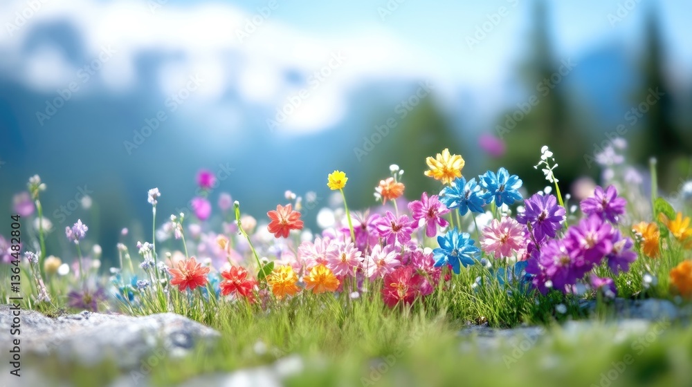 Obraz premium Vibrant wildflowers in a meadow, a stunning display of colors against a backdrop of mountains