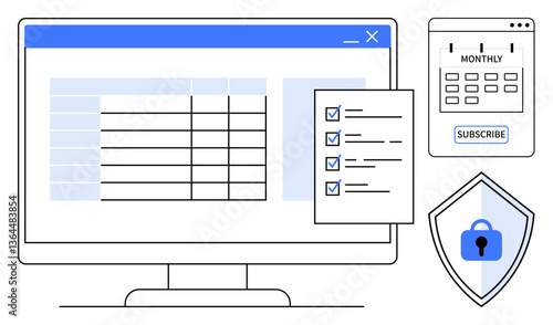 Computer screen displaying data grid, checklist with completed tasks, calendar for monthly subscriptions, security shield with lock. Ideal for project management, productivity, planning, data