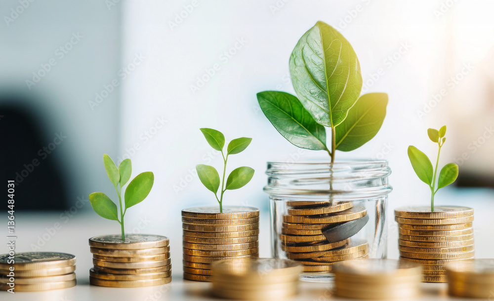 Fototapeta premium Growing Investments: A visual metaphor for financial growth and prosperity, featuring stacks of coins with vibrant green plants sprouting from them.