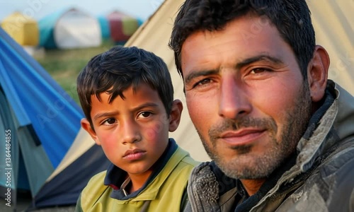 Family in Front of Their Refugee Tent on World Refugee Day Capturing Hope and Strength Made with Generative AI technology