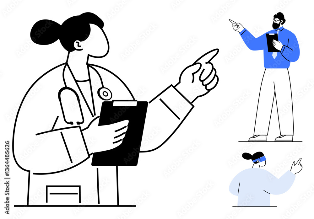 Doctor, nurse, and administrator pointing while holding clipboards, symbolizing teamwork and decision-making. Ideal for healthcare, collaboration, leadership, communication, teamwork management Doctor, nurse, and administrator pointing while holding clipboards, symbolizing teamwork and decision-making. Ideal for healthcare, collaboration, leadership, communication, teamwork management
