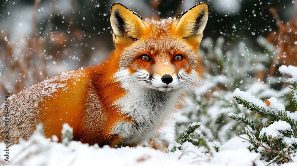 Obraz premium Red fox in snowy winter forest.