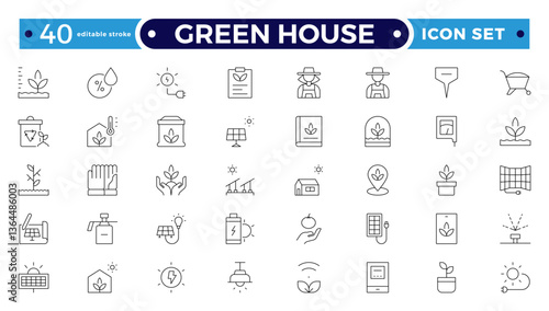 Green House outline icon set with conservation, reduce waste, consumption, management, efficiency, gas emission and green house. Eco related icons. Editable stroke outline icon.
