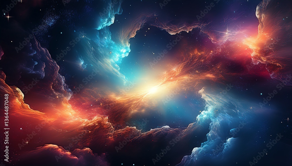 Fototapeta premium A vibrant cosmic scene featuring swirling clouds of gas and dust illuminated by colorful starlight, evoking a sense of the vastness of the universe.