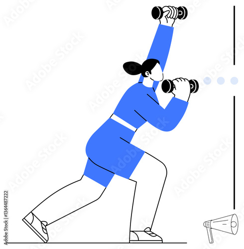 Woman in activewear lifting dumbbells while stepping onto a box. Ideal for fitness, health, motivation, personal training, strength building, goal achievement, exercise habits. Flat simple metaphor