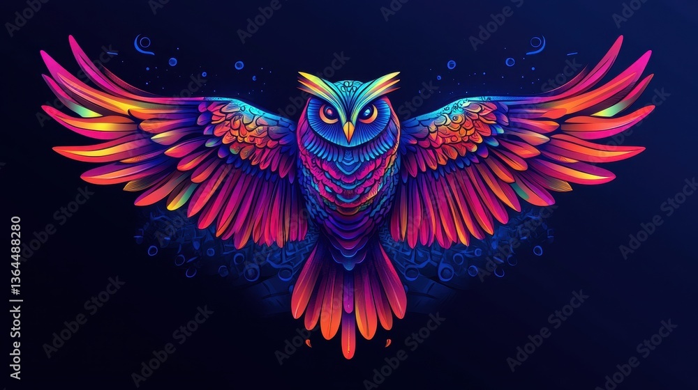 Neon Owl Wings Spread with Colorful Bird, and Fantasy Art. Neon Owl Wings Spread with Colorful Bird, and Fantasy Art.