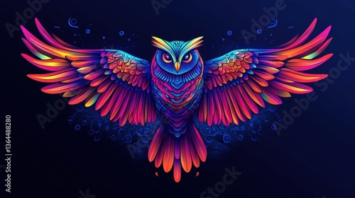 Neon Owl Wings Spread with Colorful Bird, and Fantasy Art.