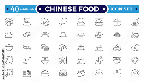 Chinese Food icon set. Includes Soup, Bowl, Chinese, Food, Kitchen, Meal, Burger, donut, French fries, hot dog, kabab, pizza, ice cream, pizza, and More. Editable stroke outline icon.
