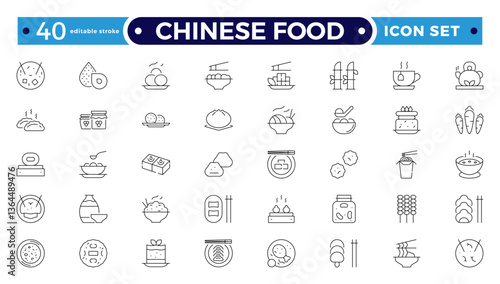 Chinese Food icon set. Includes Soup, Bowl, Chinese, Food, Kitchen, Meal, Burger, donut, French fries, hot dog, kabab, pizza, ice cream, pizza, and More. Editable stroke outline icon.
