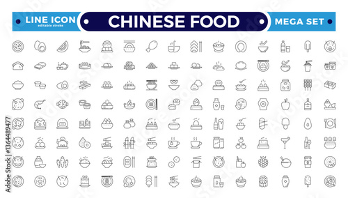 Chinese Food icon set. Includes Soup, Bowl, Chinese, Food, Kitchen, Meal, Burger, donut, French fries, hot dog, kabab, pizza, ice cream, pizza, and More. Editable stroke outline icon.
