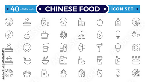 Chinese Food icon set. Includes Soup, Bowl, Chinese, Food, Kitchen, Meal, Burger, donut, French fries, hot dog, kabab, pizza, ice cream, pizza, and More. Editable stroke outline icon.
