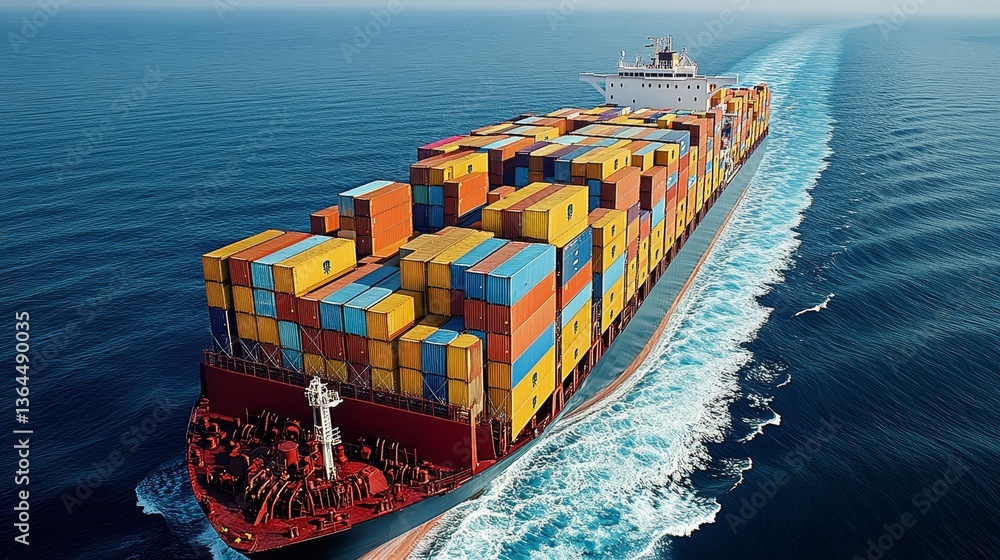 Fototapeta premium Cargo ship with many colorful containers stacked on the sea