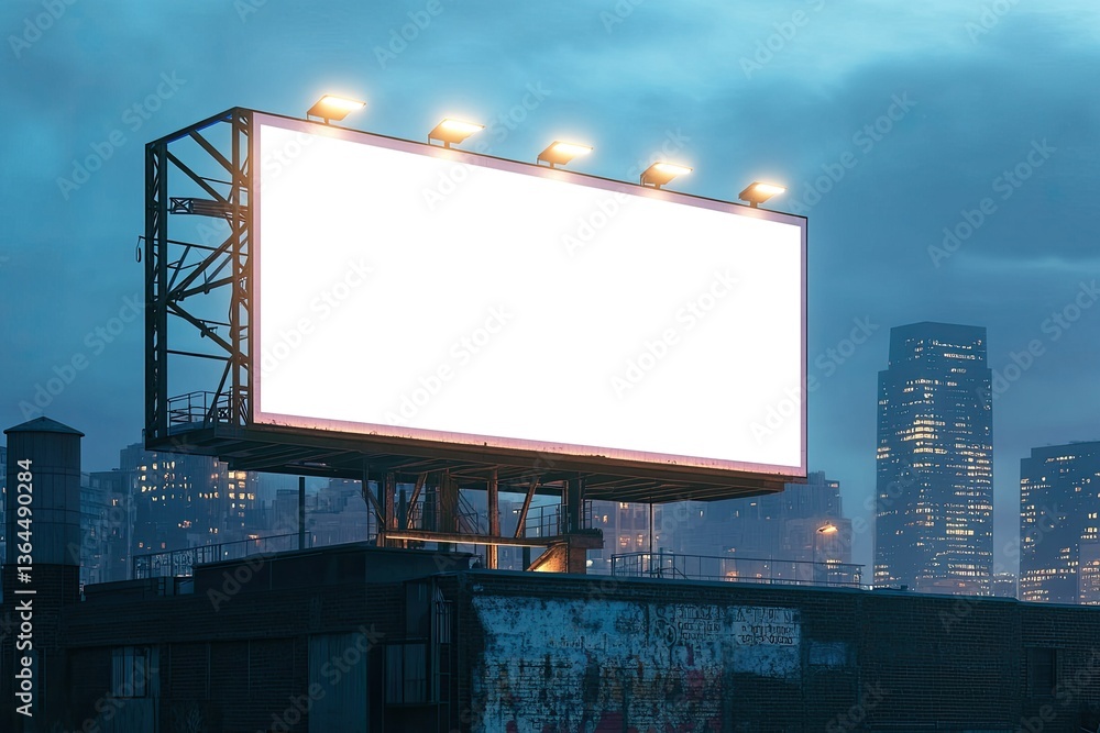 Clear Pixel Visual of Large Blank Billboard on a Building Roof Mock Up Clear Pixel Visual of Large Blank Billboard on a Building Roof Mock Up