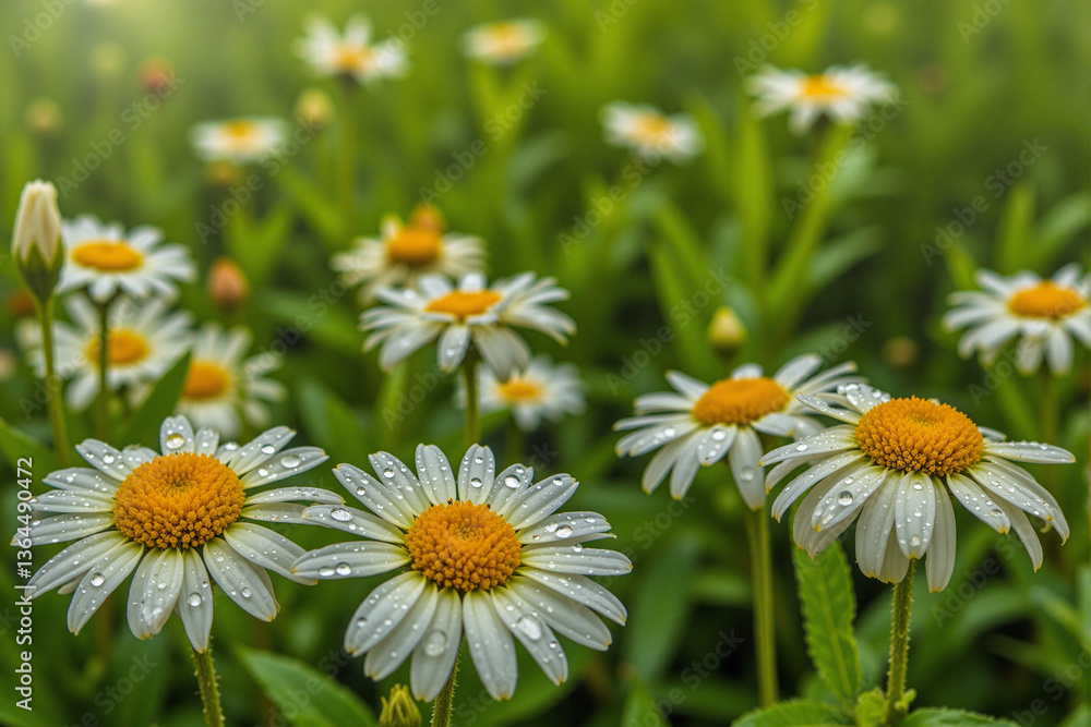 Obraz premium Beautiful daisies with dew in a lush green garden 