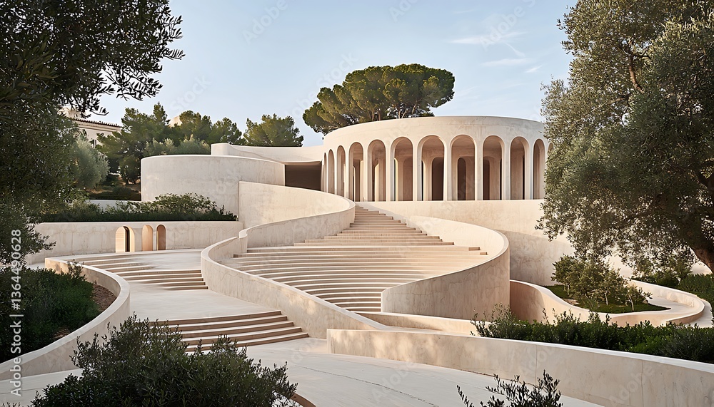 Obraz premium Modern architecture with curved stairs, and sunlit.