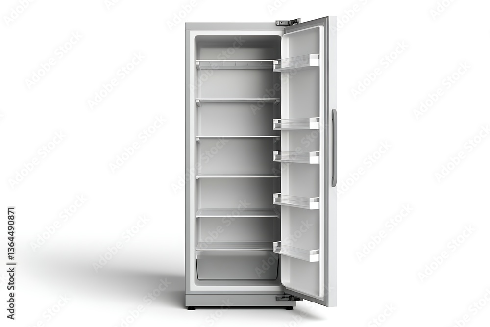 Empty upright refrigerator, open door, white background, for food storage Empty upright refrigerator, open door, white background, for food storage