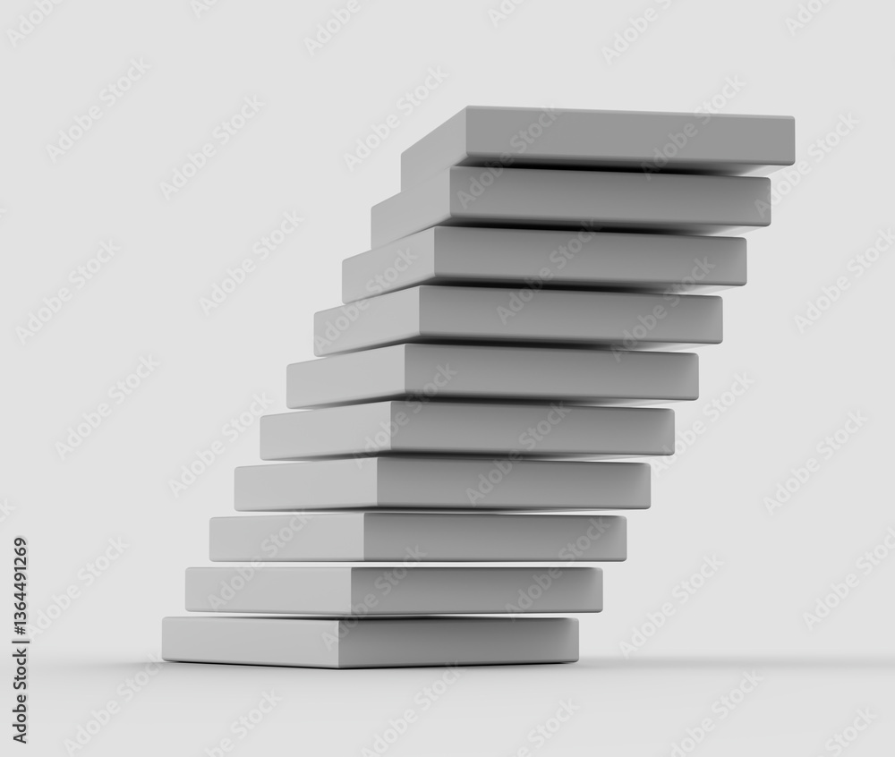 Stack of white rectangular blocks, slightly offset to create a leaning tower effect. 3D Illustration Stack of white rectangular blocks, slightly offset to create a leaning tower effect. 3D Illustration